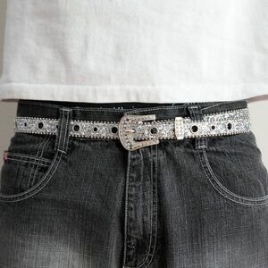 y2k white rhinestone western buckle glitter belt — 2000s glam rock style